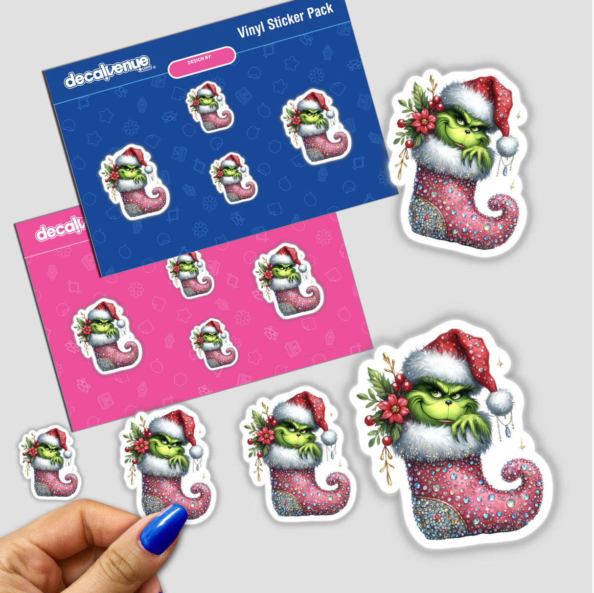 Green Grouch Santa in Sparkly Christmas Stocking Boot sticker pack, featuring a cartoon character snugly in a festive stocking, available as unique decals or digital artwork from Decal Venue.