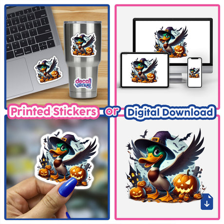 Halloween Mallard Duck Haunted Patch sticker or digital artwork featuring a cartoon duck in a hat surrounded by pumpkins, captured on a laptop screen.