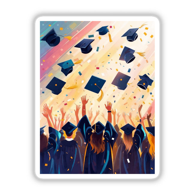 Joyful Graduation Celebration with Cap Toss and Confetti – Vibrant Graduation Scene depicted as stickers or digital artwork, highlighting a festive graduation moment with caps in the air and confetti.