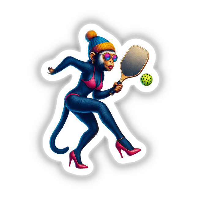 Female Monkey in Bikini and Heels Playing Pickleball: A whimsical illustration of an anthropomorphic monkey in a bikini and heels, playing pickleball with a paddle and ball. Available as stickers or digital artwork.