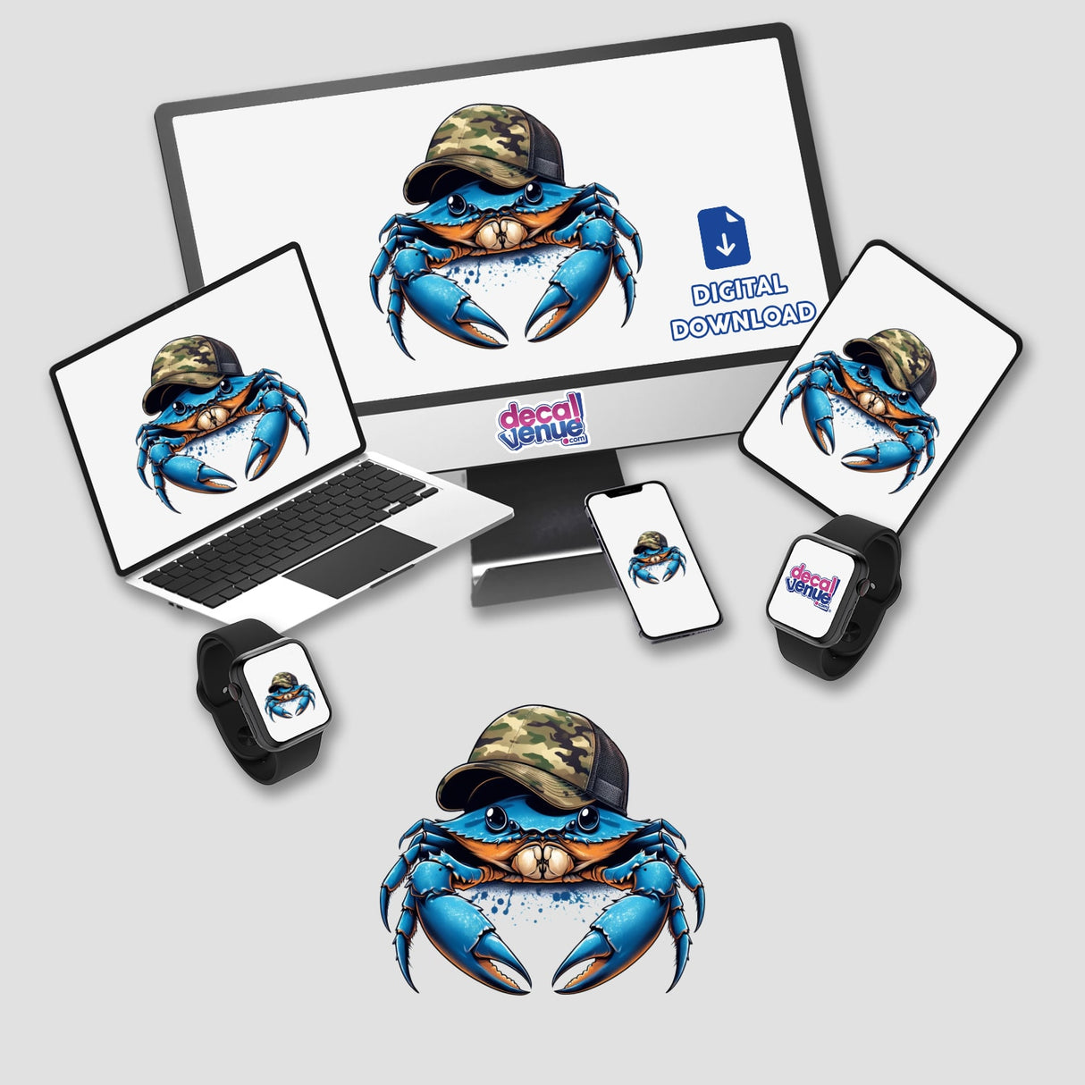 Blue Crab wearing Camo Trucker Hat displayed on computer and laptop screens, available as unique stickers or digital artwork from Decal Venue.