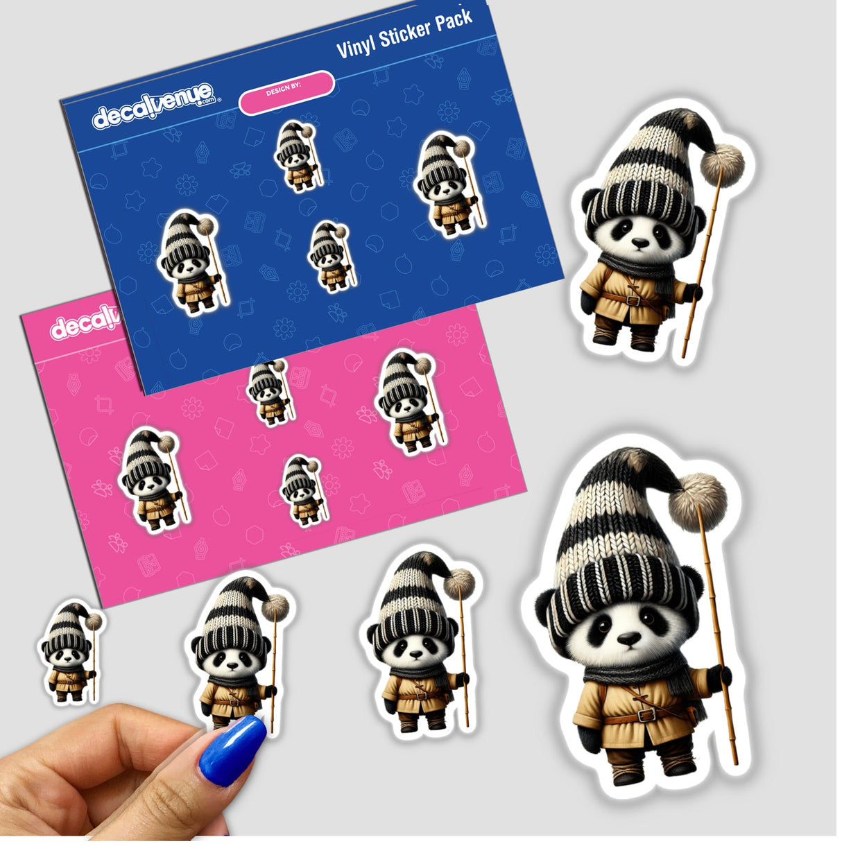Sticker featuring a cartoon panda gnome holding a bamboo stick, ideal for crafts and sublimation projects.