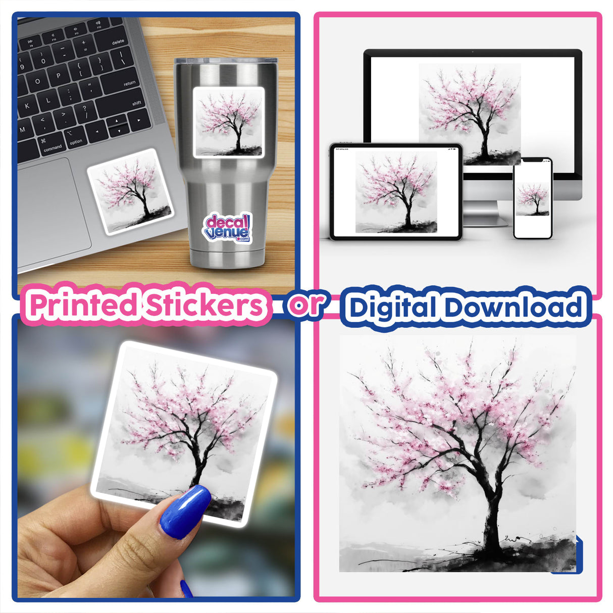 Cherry Tree Blossoming in Spring Sumi-e Japanese Watercolor, available as stickers or digital artwork, captures delicate cherry blossoms in traditional brush style, reflecting Decal Venue's unique art offerings.