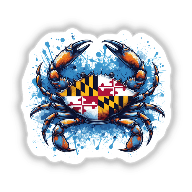 Detailed Maryland blue crab artwork featuring a vibrant splattered background and the Maryland state flag design on the crab's shell.