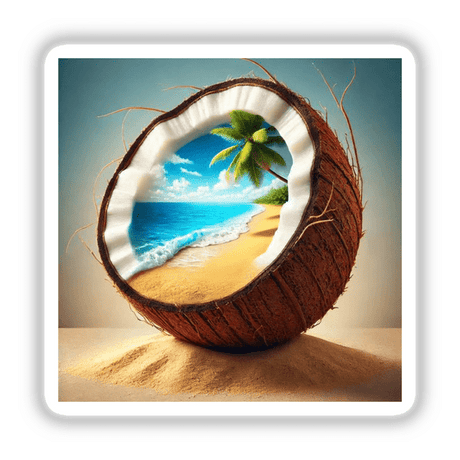 Tropical Escape Beach Paradise Inside a Coconut illustration, featuring a coconut with a mini beach scene and palm tree, available as stickers or digital artwork.