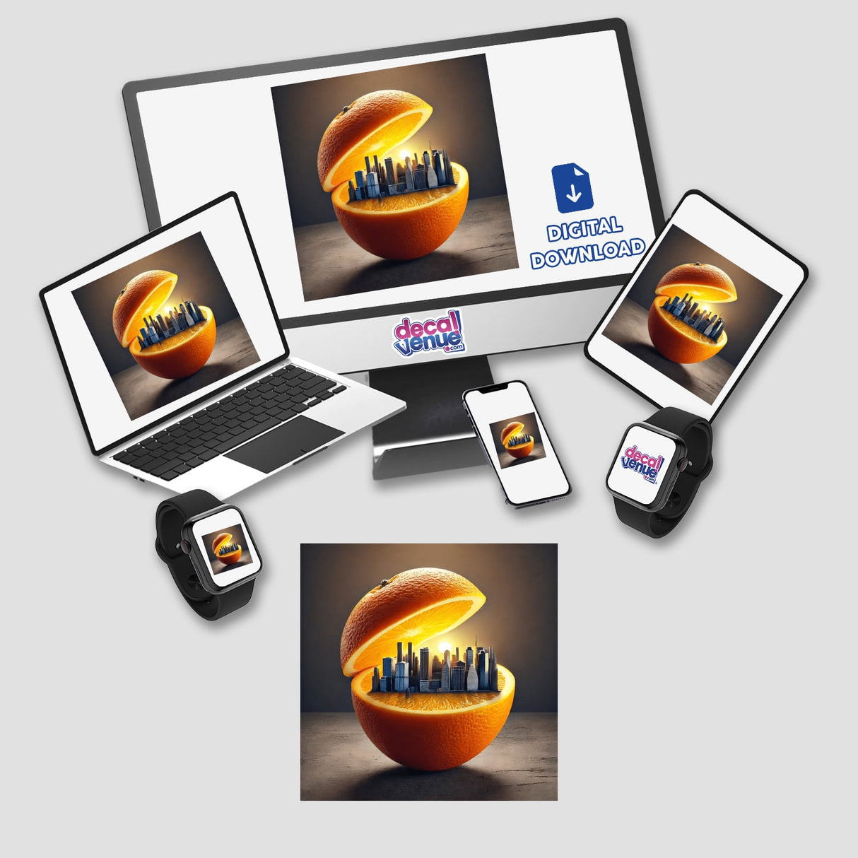 Urban Citrus City Skyline Inside an Orange, featuring digital artwork of a cityscape embedded within an orange, displayed on various devices like a laptop, tablet, and phone. Available as stickers or digital art.