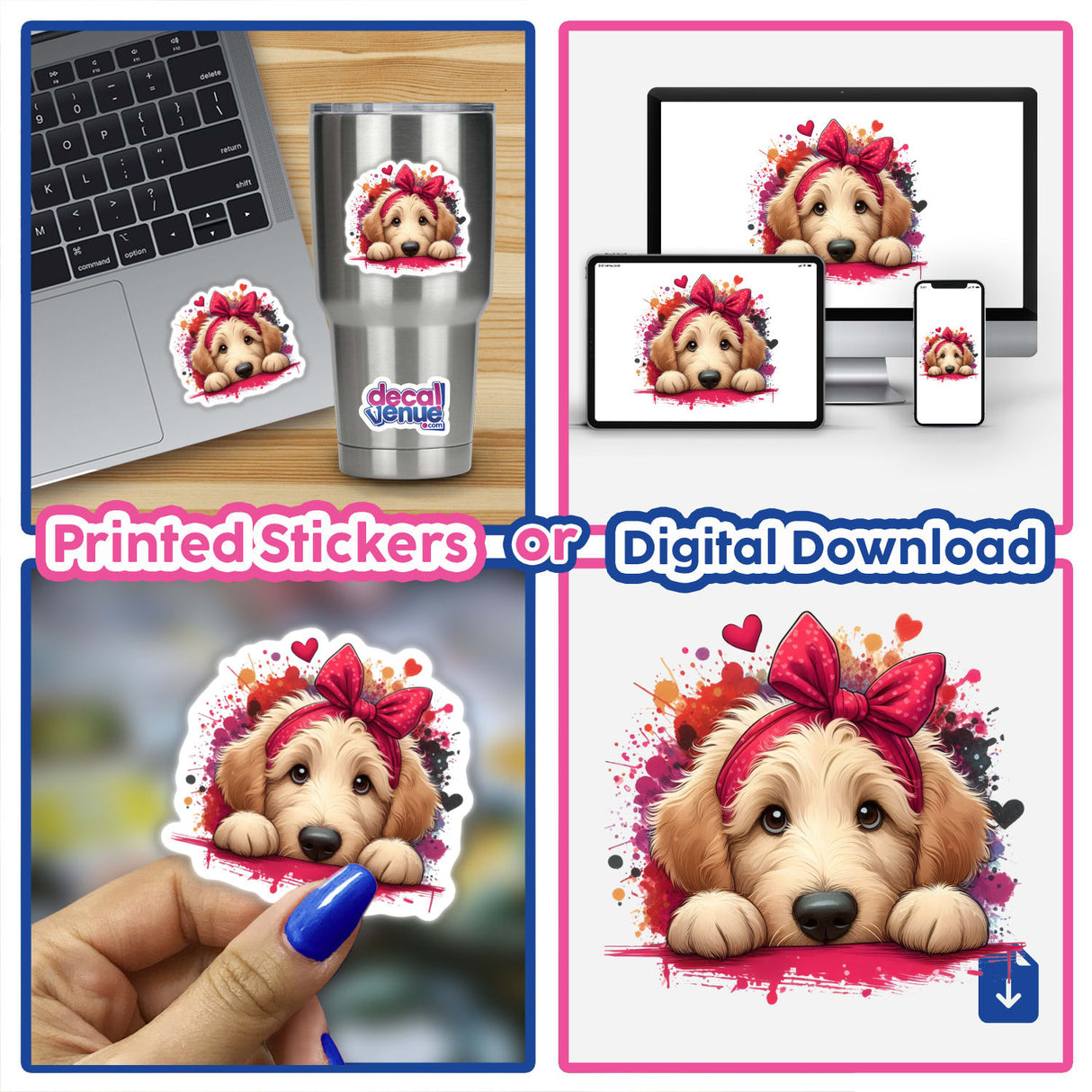 Peeking Goldendoodle Splatter sticker or digital artwork, featuring a playful Goldendoodle with a bow on its head, ideal for enhancing laptops or cups from Decal Venue's unique collection.
