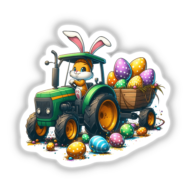 Easter Eggs Bunny Tractor sticker or digital art featuring a cartoon rabbit driving a tractor, pulling a cart full of colorful eggs, perfect for unique decor from Decal Venue.