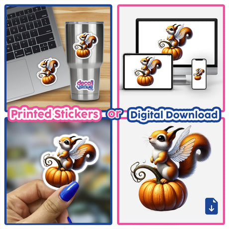 Squirrel with Wings Standing on Pumpkin sticker or digital artwork collage featuring close-ups of the design on laptops, nails, and decals.