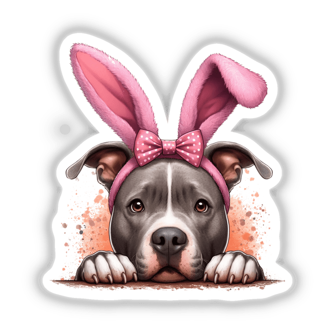 Pitbull with pink bunny ears and bow, titled Pink Bunny Ears Peeking Pitbull, available as vinyl stickers or digital artwork from Decal Venue.