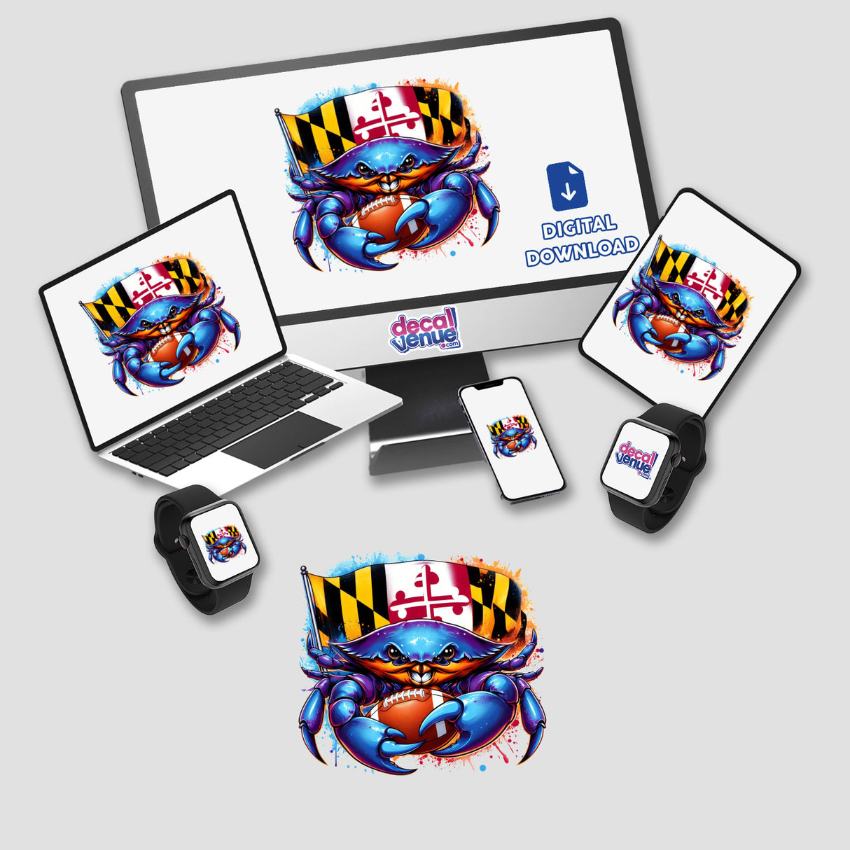 Maryland Crab Football Splatter design featuring a cartoon crab holding a football and flag displayed on a computer monitor and laptop, available as stickers or digital artwork.