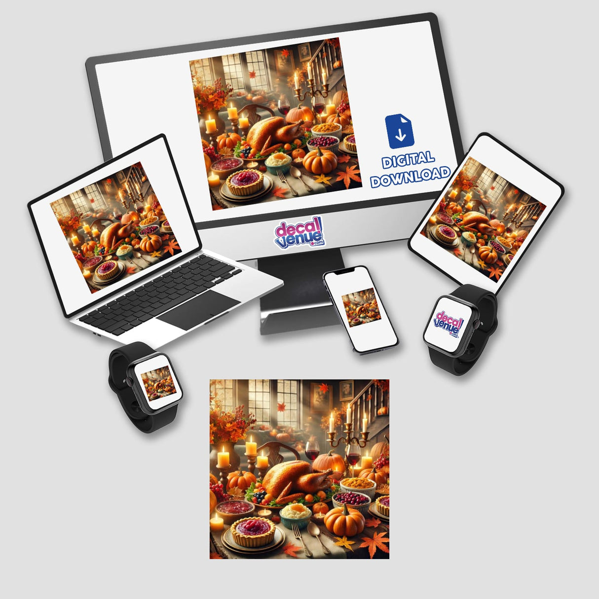 Group of devices displaying Harvest Feast - A Bountiful Table with Traditional Dishes artwork, featuring images of food on a laptop, tablet, phone, and smartwatch. Available as stickers or digital artwork.