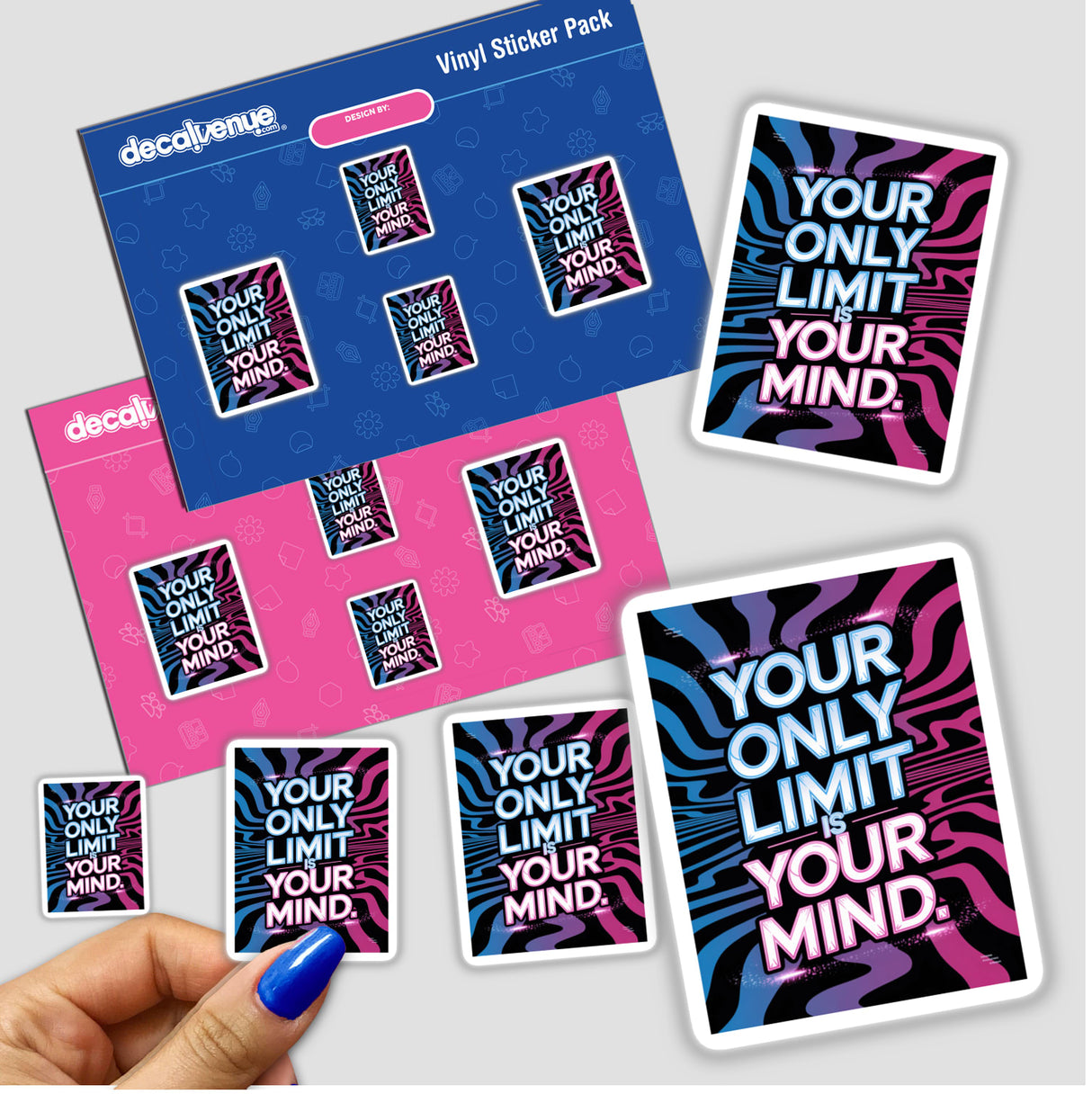 Hand holding Your only limit is your mind stickers, showcasing Decal Venue's focus on unique vinyl designs and digital art, highlighting creativity and motivational themes through intricate graphics.