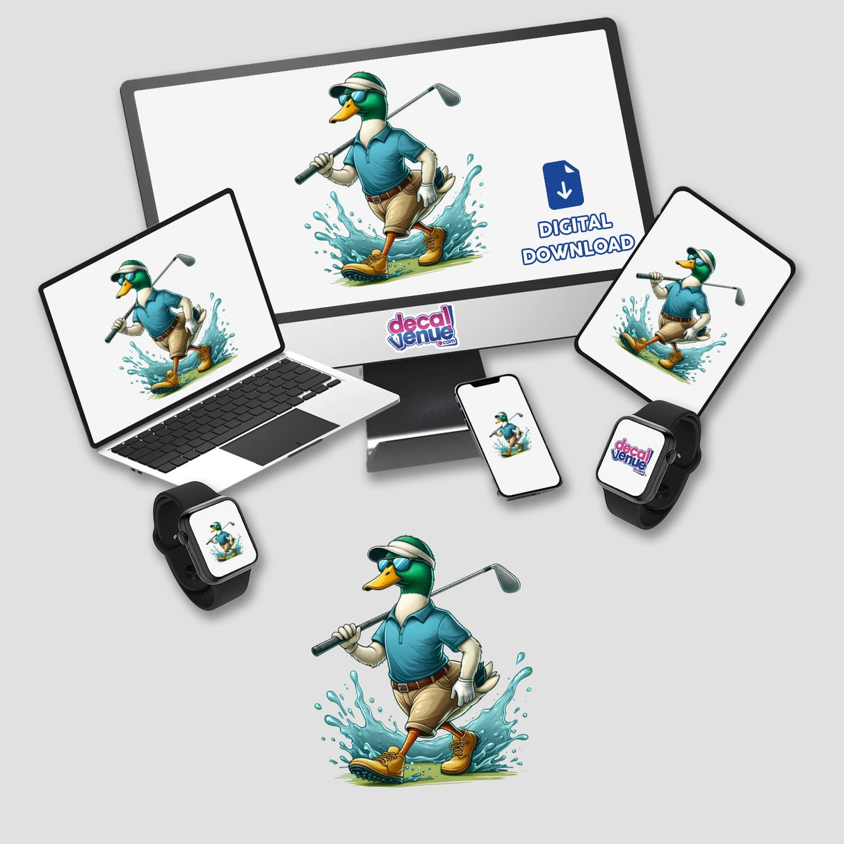 Confident Mallard Duck Golfer displayed on a computer monitor and laptop, featuring a cartoon duck holding a golf club. Available as stickers or digital artwork from Decal Venue.