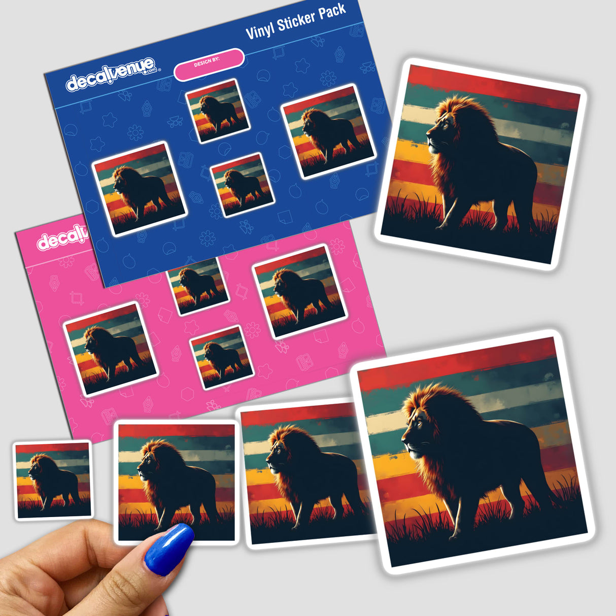 Hand holding a sticker pack titled Lion Silhouette with Striking Color Stripes, featuring various lions in dynamic poses and vibrant settings.