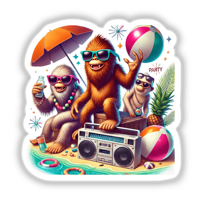 Vibrant Sasquatch Beach Party featuring colorful sunglasses, umbrellas, and beach balls, available as stickers or digital download format on Decal Venue.