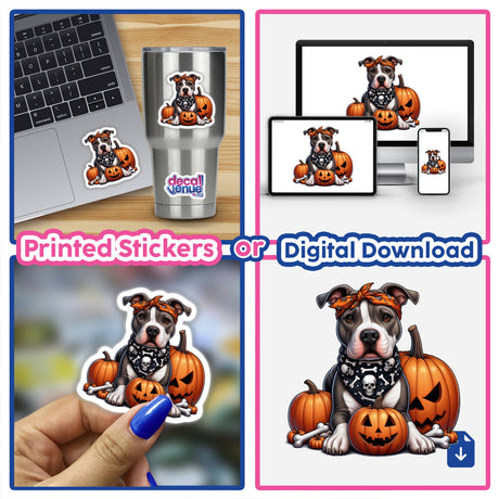 Skull Bandana Trick or Treat Pitbull Dog II sticker: A collage featuring a pitbull dog wearing a skull bandana surrounded by pumpkins. Available as stickers or digital artwork.