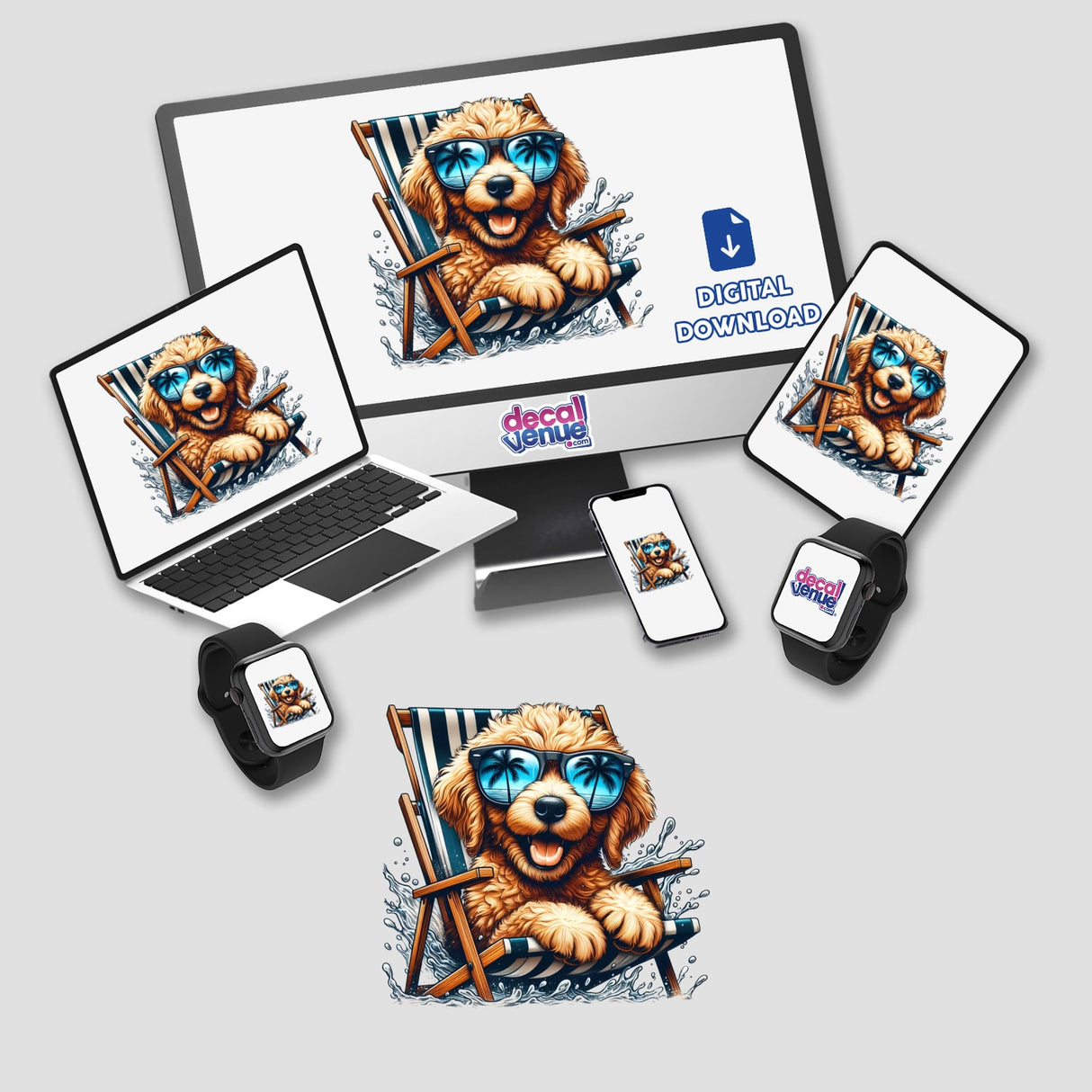 Peeking Golden Doodle Sitting in Beach Chair II depicted as a cartoon dog wearing sunglasses, seated in a beach chair, featured on a computer monitor and laptop screen, available as stickers or digital artwork.