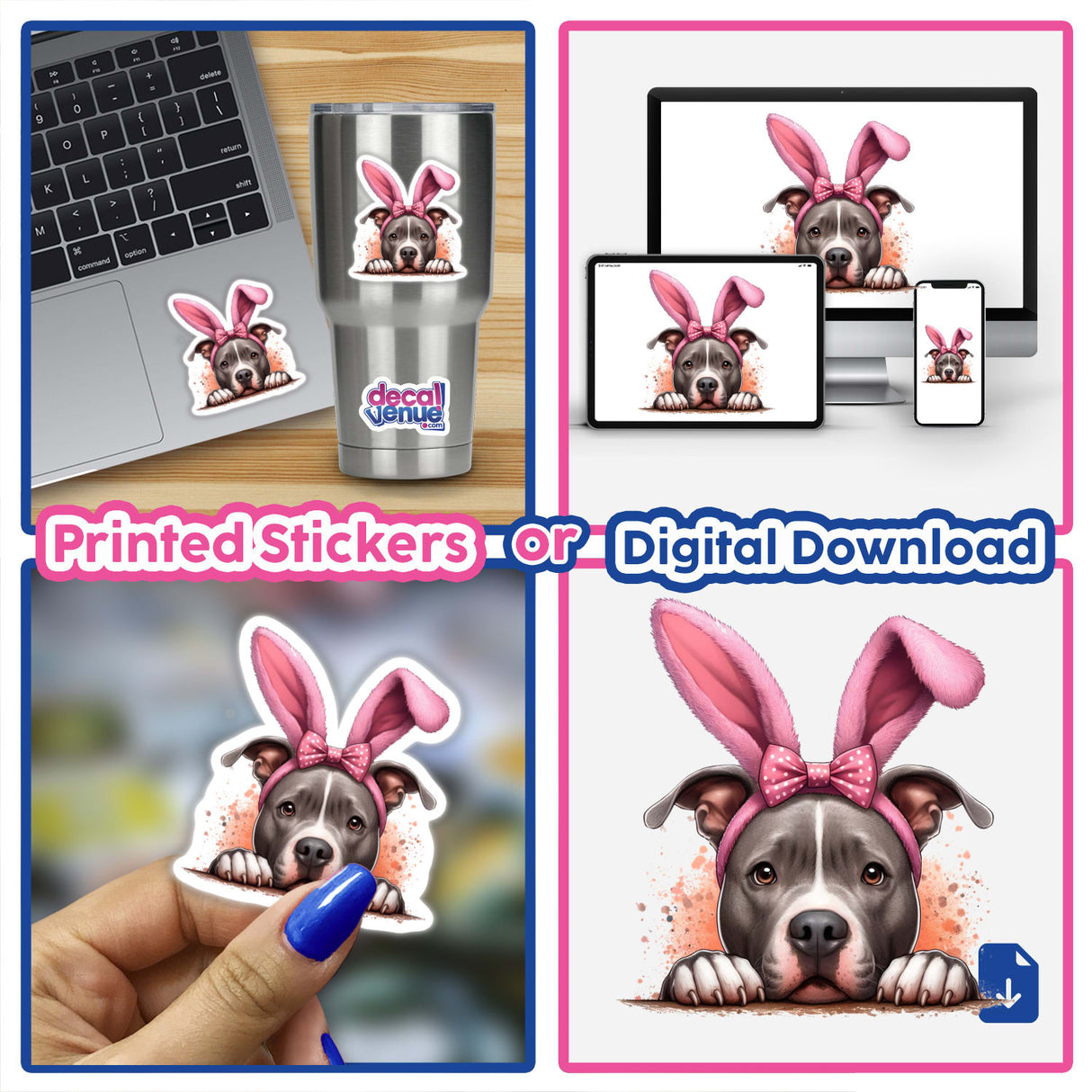 Pink Bunny Ears Peeking Pitbull sticker displayed on a laptop, with a charming pitbull wearing pink bunny ears. Available as a unique vinyl sticker or digital artwork from Decal Venue.
