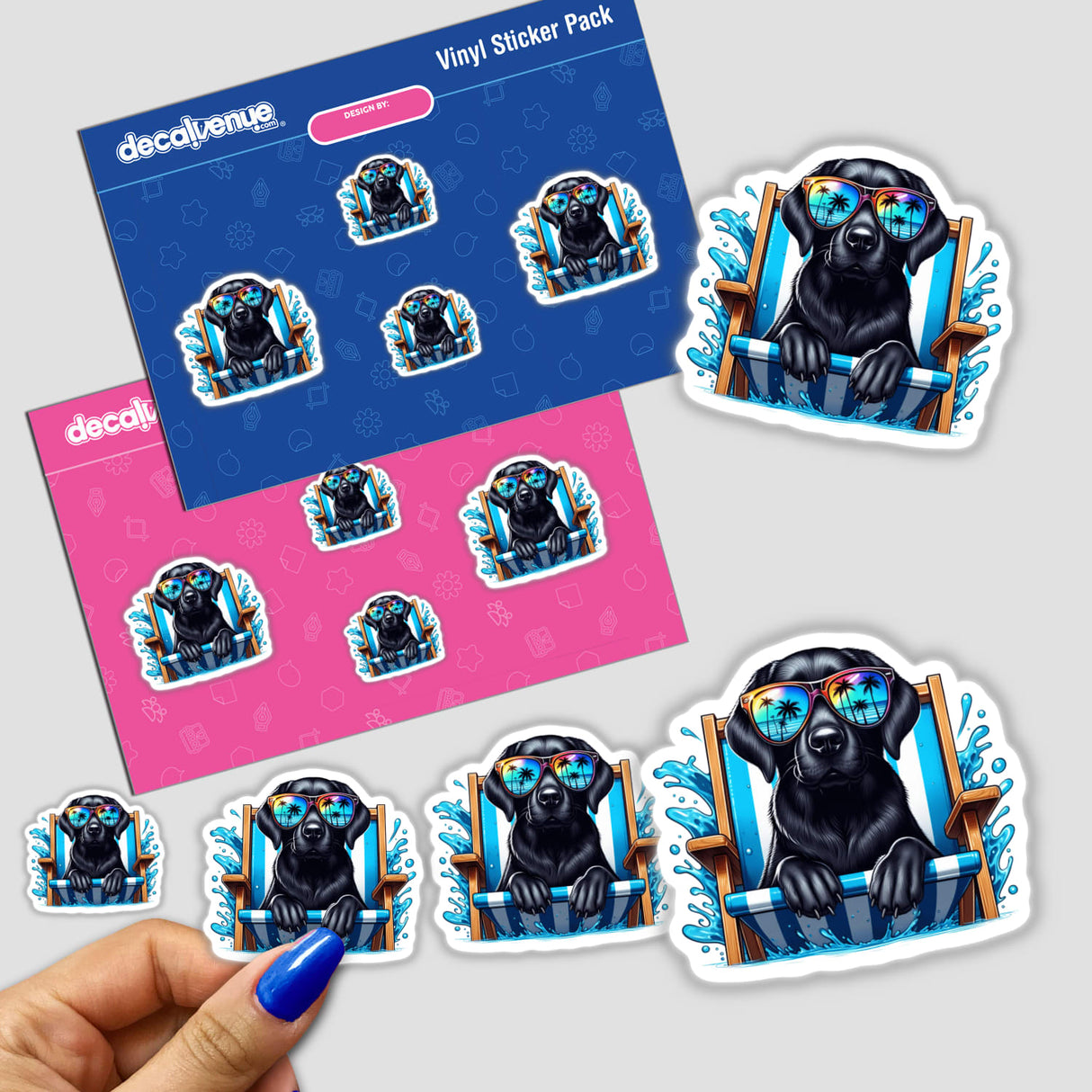 Sticker featuring a peeking black lab in sunglasses, relaxing in a beach chair. Part of Decal Venue's unique vinyl sticker collection, available as stickers or digital artwork.