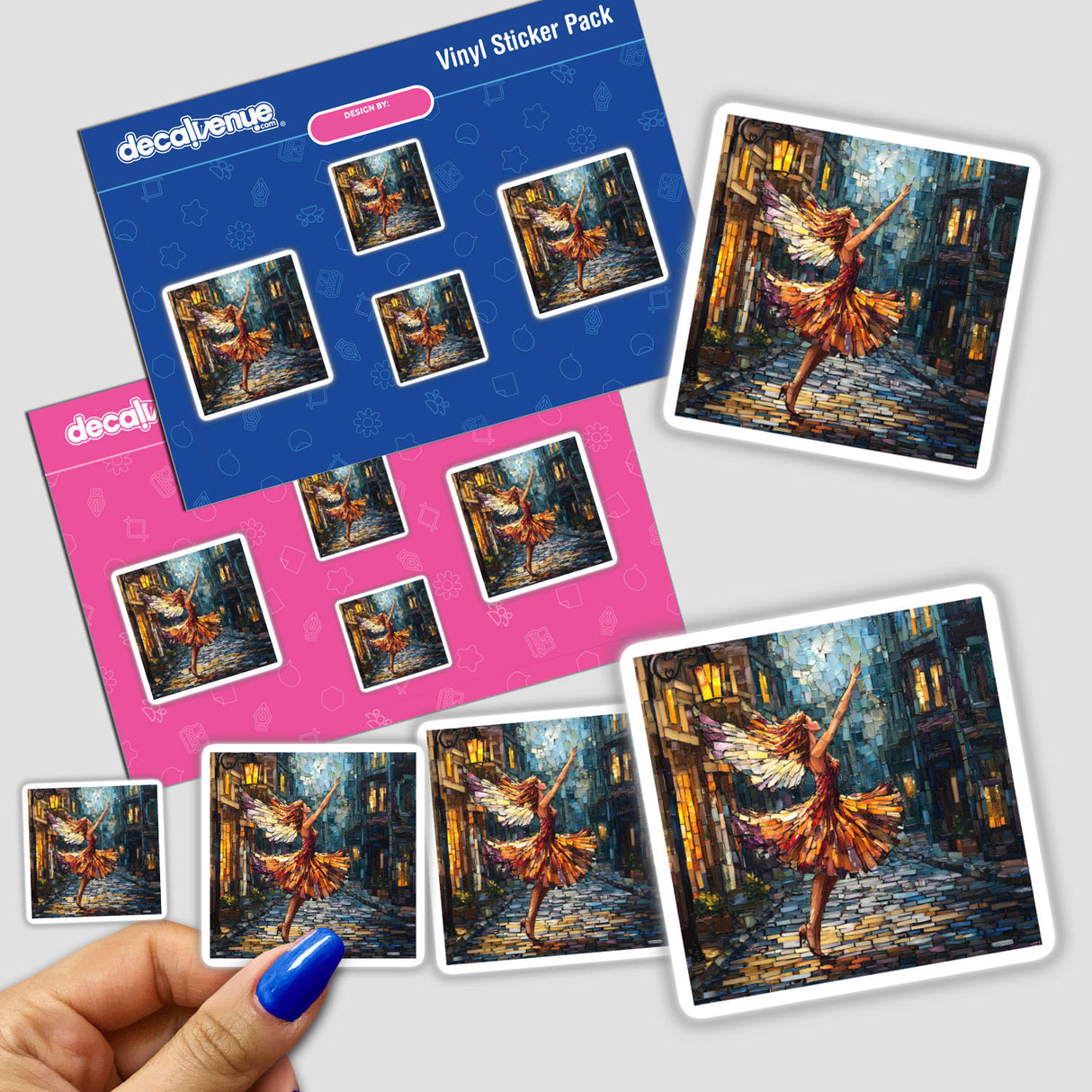 Stickers featuring a mosaic of a ballerina titled Fairy Dancing on Cobblestone Street, available as decals or digital artwork.