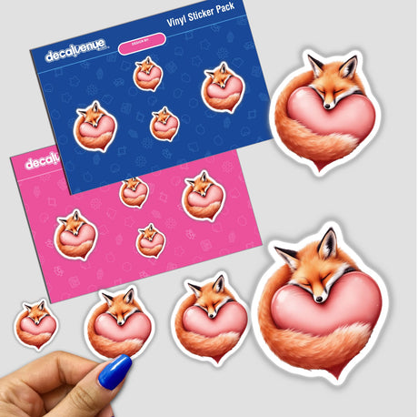 Sticker pack featuring the Sleeping Fox on a Heart design, showcasing a cartoon fox hugging a heart, perfect for adding a whimsical touch to your space with unique vinyl stickers.