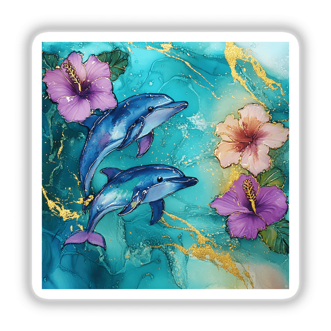 Ocean Scene with Dolphins and Hibiscus Flowers: A vivid painting featuring dolphins and hibiscus blossoms, available as stickers or digital artwork.