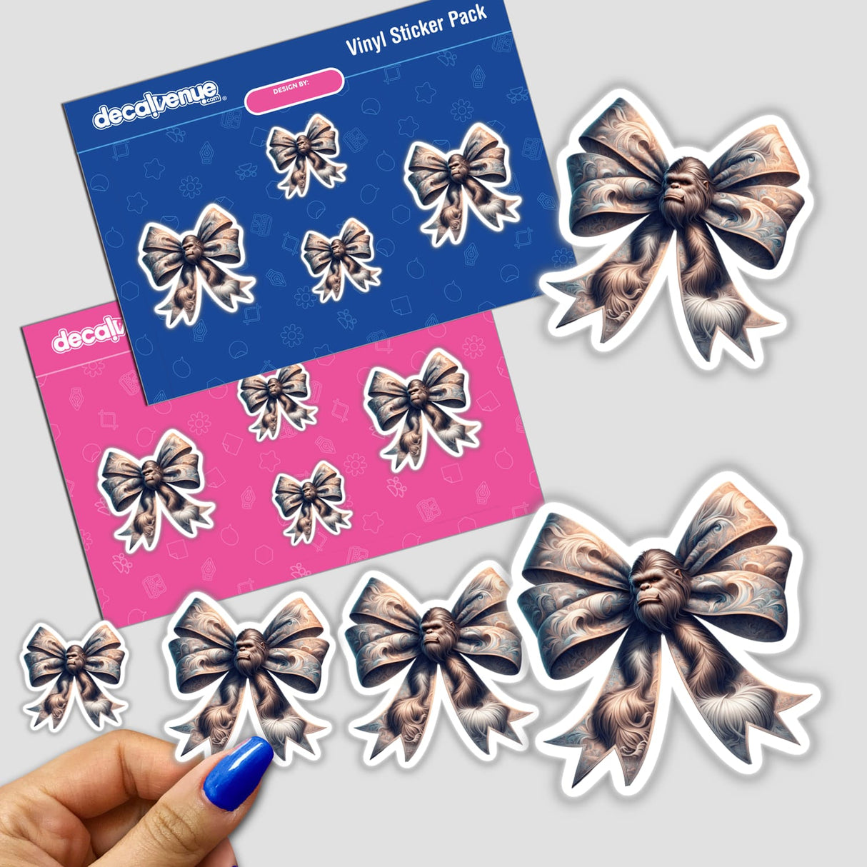 Sasquatch Coquette Bow sticker pack featuring bows, including designs with a monkey head. Available as stickers or digital artwork from Decal Venue.