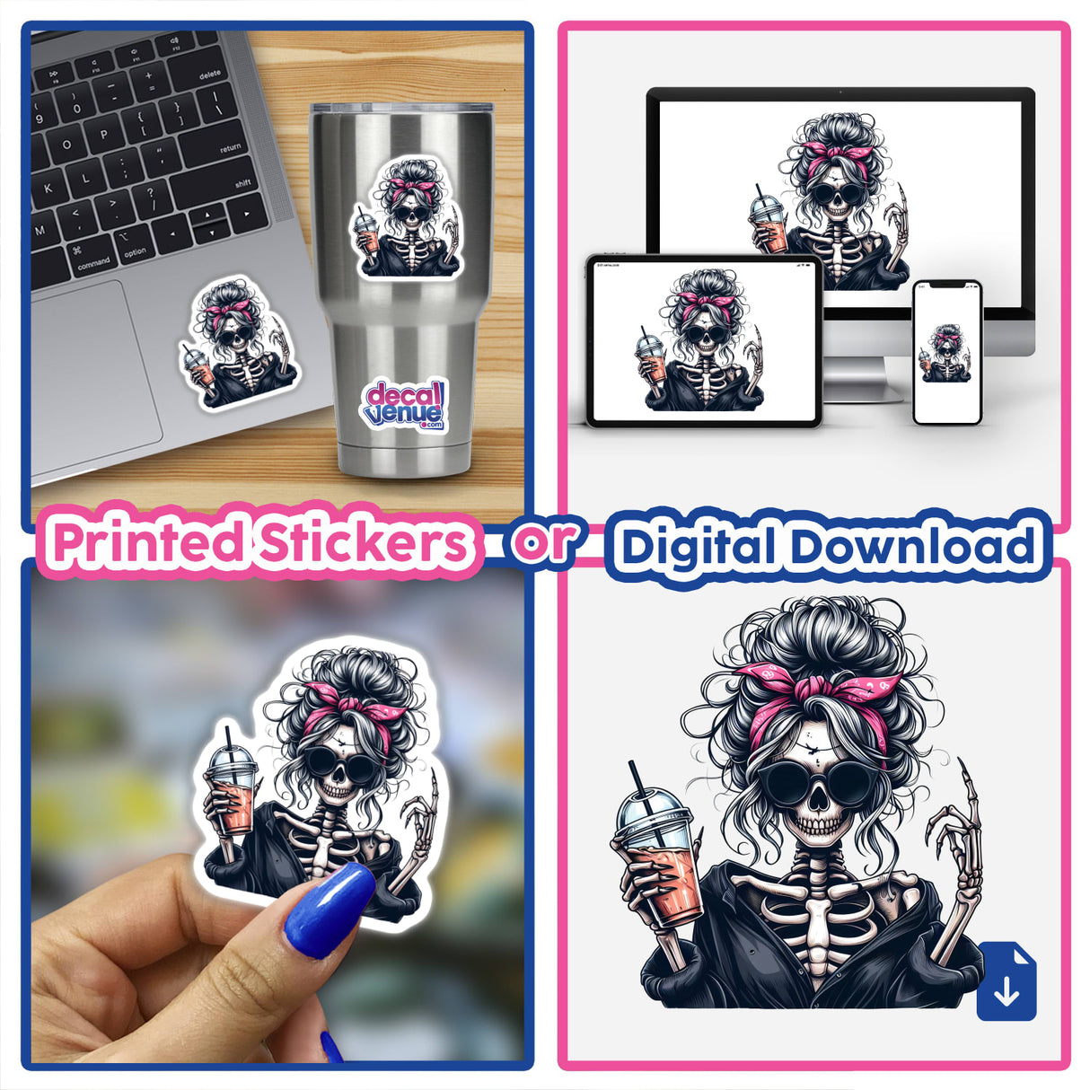 Wild and Spooky Skeleton Halloween Mama - Vibrant digital artwork showcasing a skeleton woman with a punk rock style, available as stickers or digital download format.