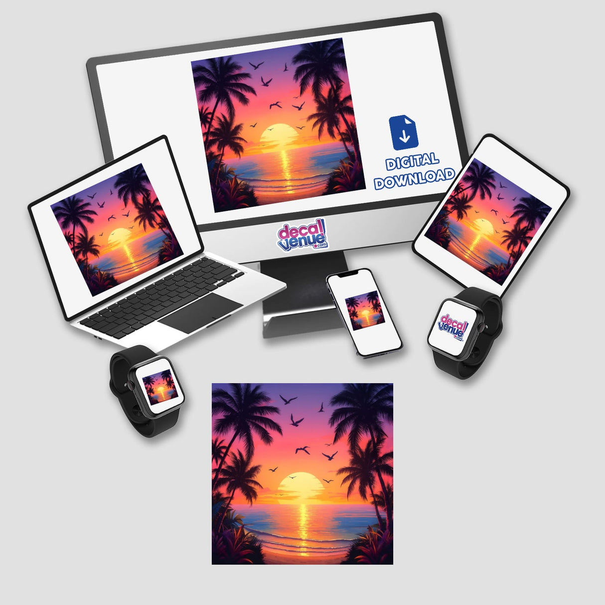 Vibrant Sunset Seagulls Over Tropical Beach digital artwork displayed on a laptop screen, showcasing a picturesque sunset with palm trees, perfect for stickers or digital art from Decal Venue.
