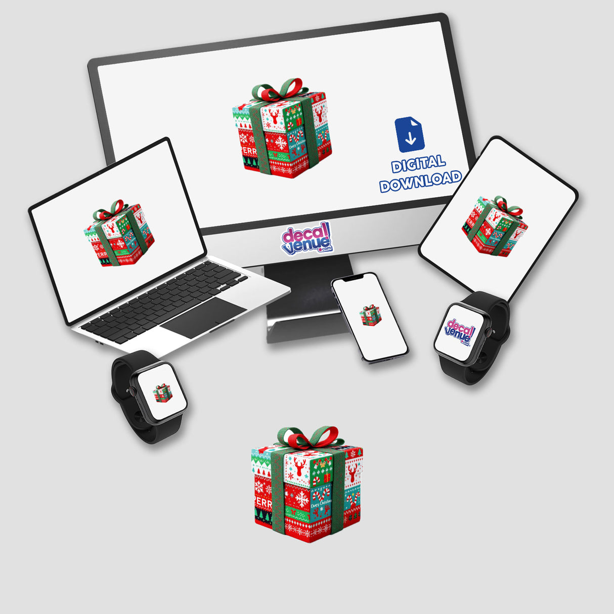 Present / Gift Ugly Christmas Sweater Style design displayed on a computer monitor and laptop screen, available as stickers or digital artwork.
