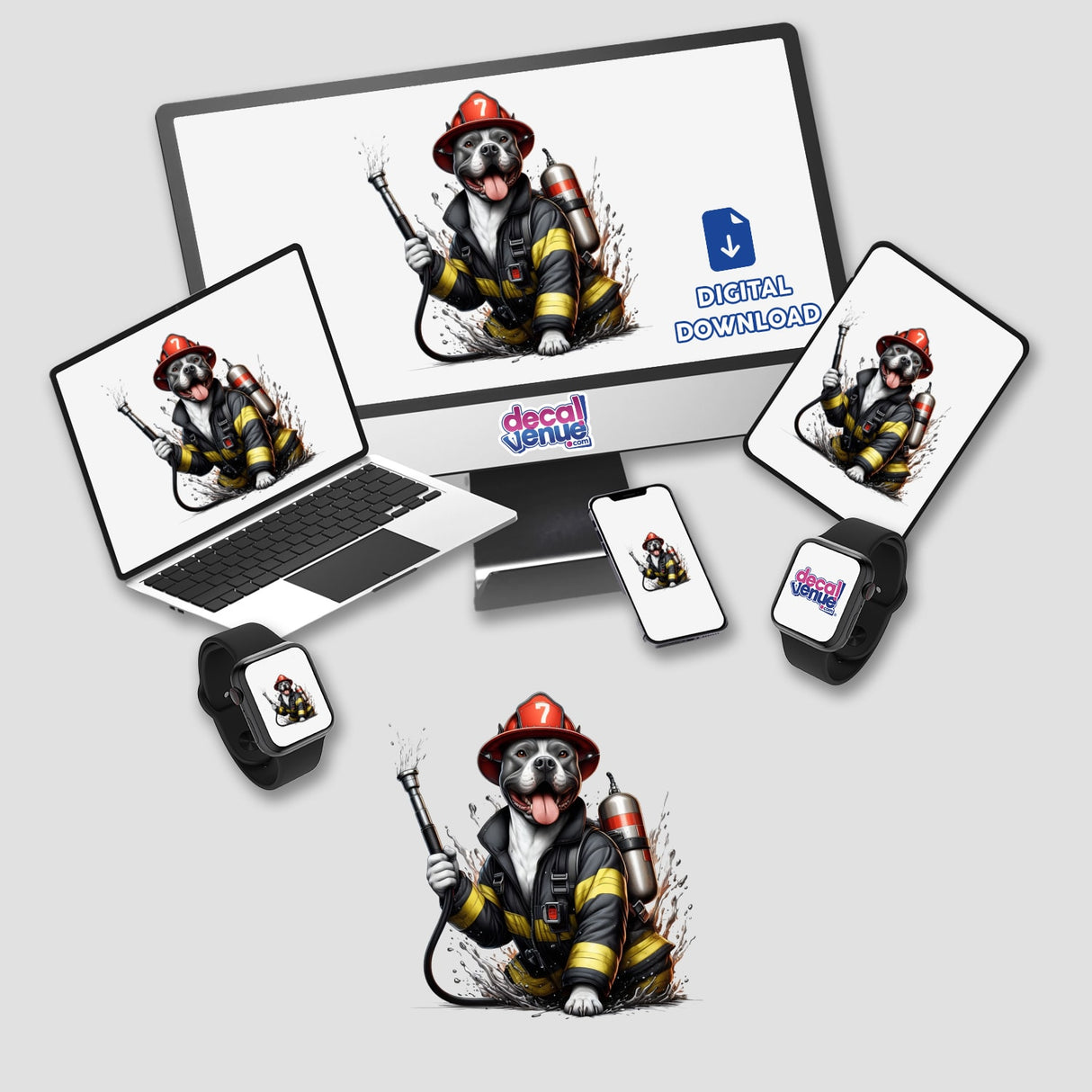 Firefighter Pitbull Dog with Hose displayed on a laptop screen alongside a monitor, showcasing digital artwork of a dog in a firefighter outfit, available as stickers or digital art.