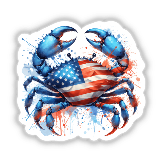 American Flag Blue Crab Watercolor Splatter: A detailed blue crab with an American flag motif, featuring stars and stripes, available as unique stickers or digital artwork from Decal Venue.