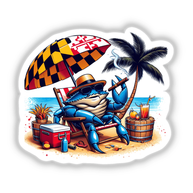 Maryland Summer Blue Crab in Beach Chair Smoking Cigar: Cartoon depiction of a blue crab relaxing in a chair, holding a cigar, under a beach umbrella, available as stickers or digital artwork.