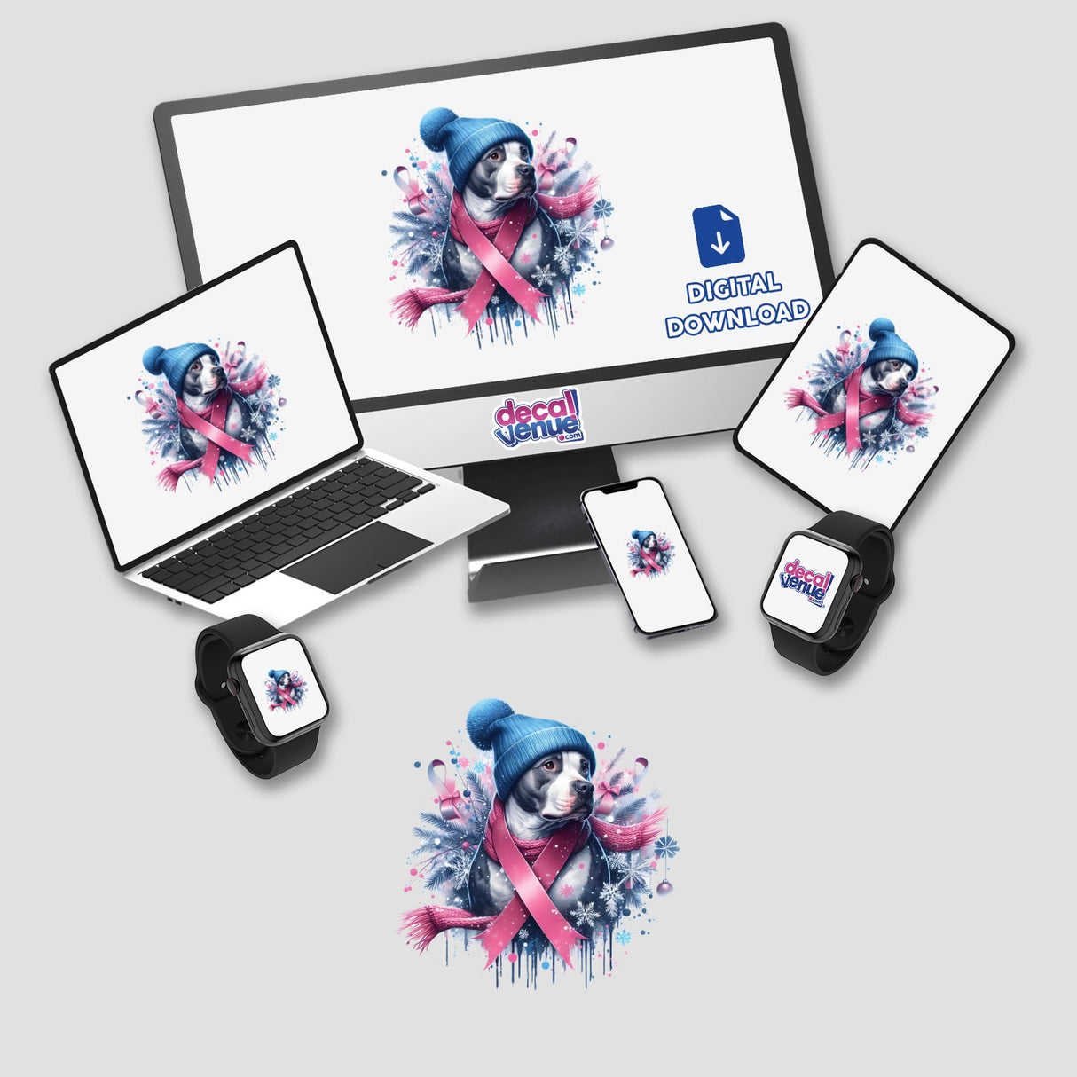 Pitbull Dog Wearing Breast Cancer Pink Ribbon depicted on various devices, showcasing its availability as stickers or digital artwork.