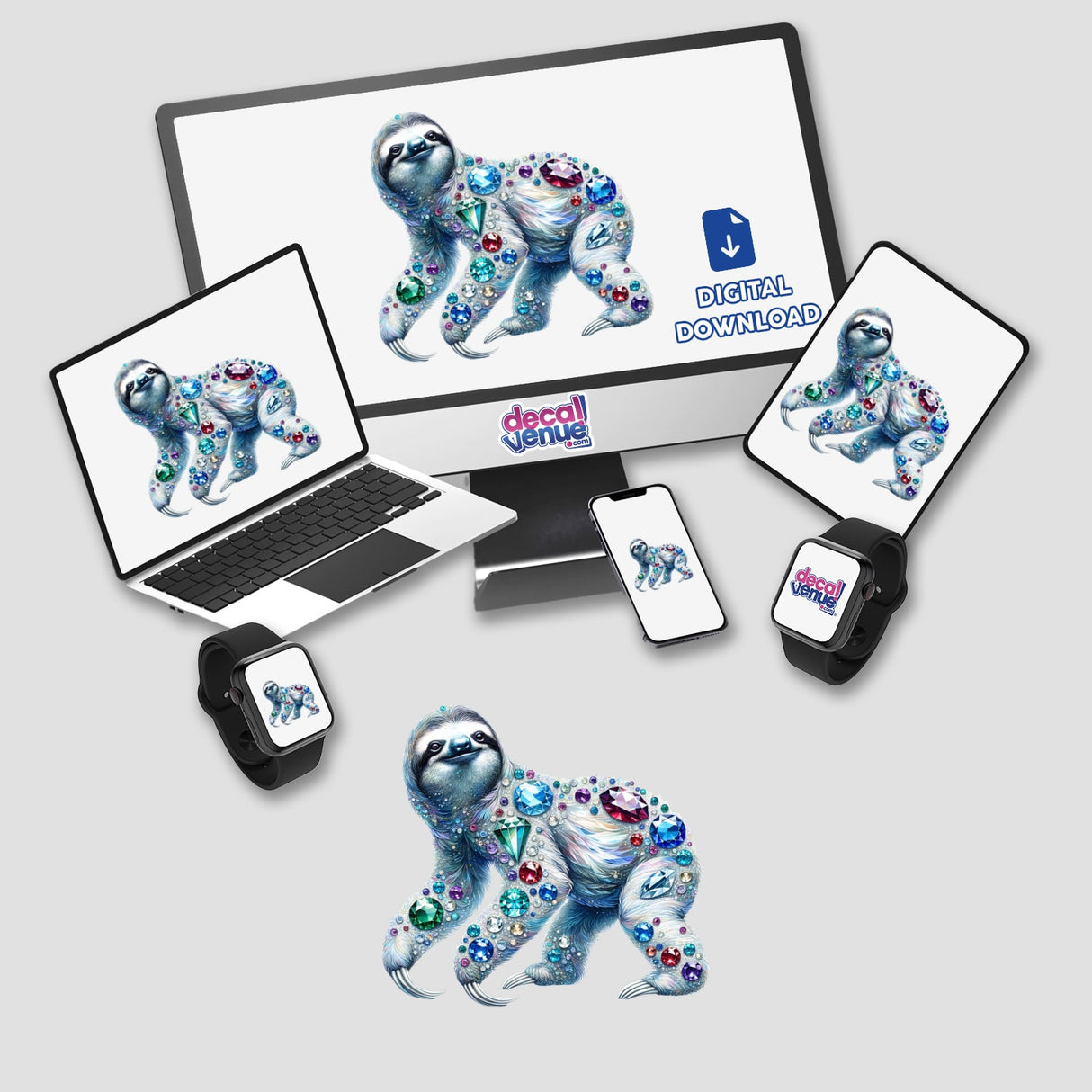 Sloth Jewels and Gemstones: A computer, laptop, phone, and smartwatch display a sloth adorned with colorful gems, available as unique stickers or digital artwork.