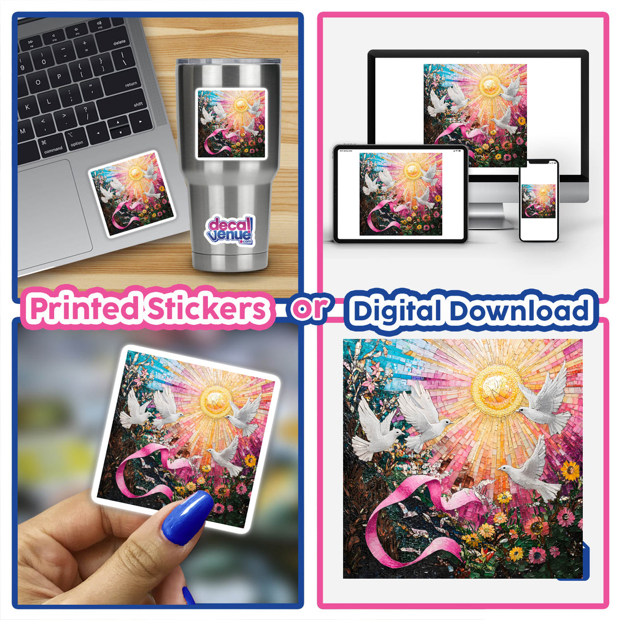 Collage of a laptop displaying Pink Ribbon with Doves and Sun Rays Mosaic, available as stickers or digital artwork. Close-ups include a sunflower, a finger, and a hand holding a mosaic picture.