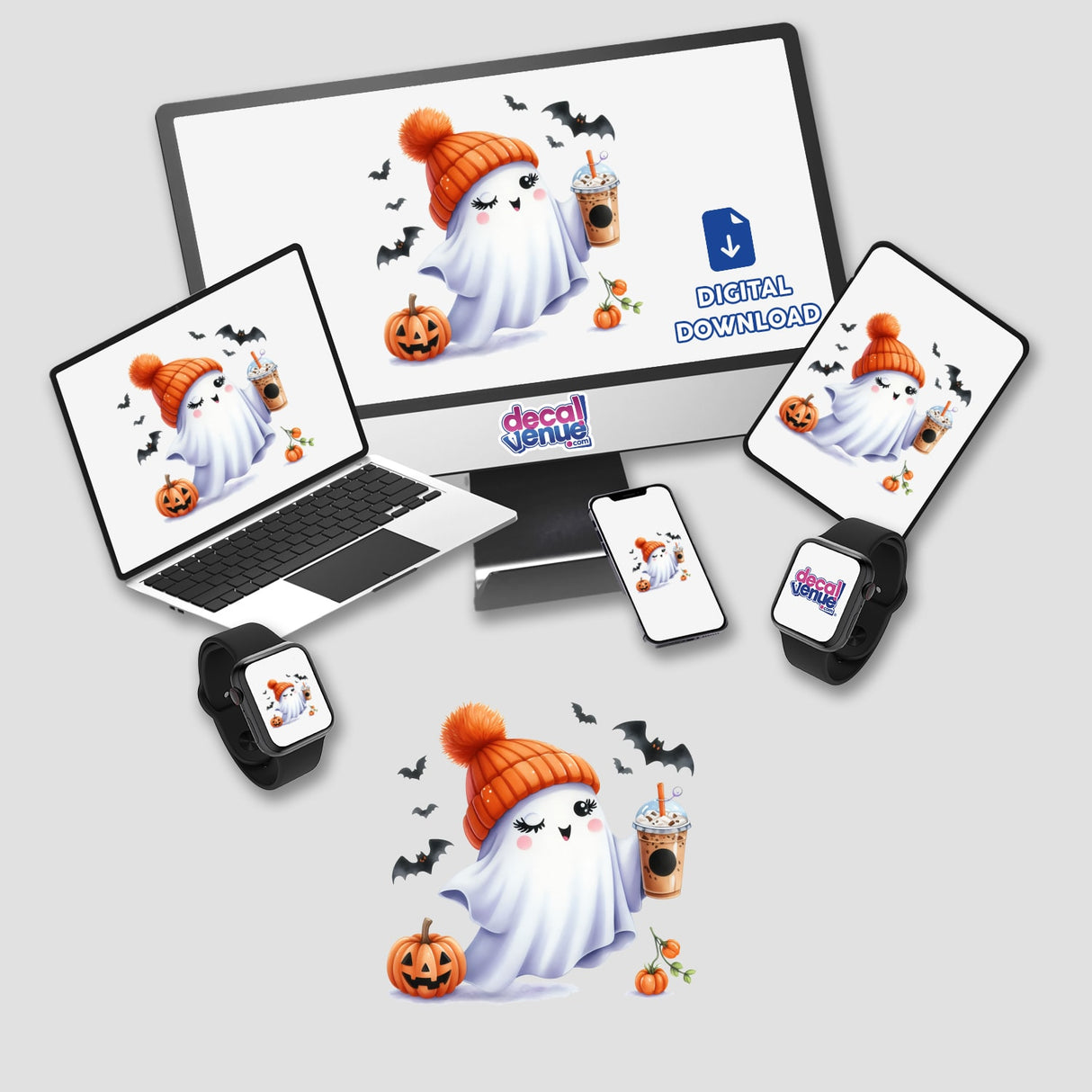 Cute pumpkin ghost with coffee, bats, and autumn decor on various digital devices.