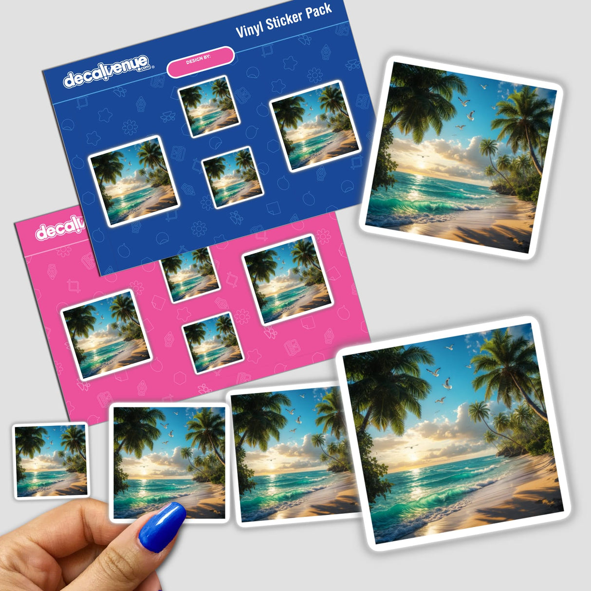 Tropical Breeze Seagulls Over Ocean Shore sticker pack held in hand, showcasing beach-themed designs with palm trees and seagulls, available as stickers or digital artwork.