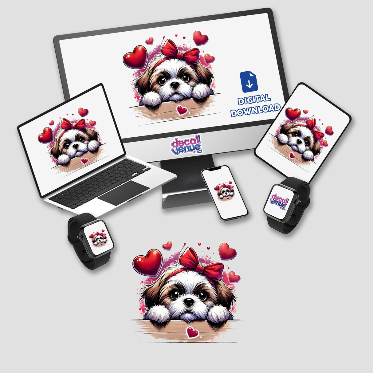 Peeking Valentine Shih Tzu Dog Splash displayed on various digital screens, showcasing the whimsical design available as stickers or digital artwork, emphasizing its playful charm with a bow on its head.