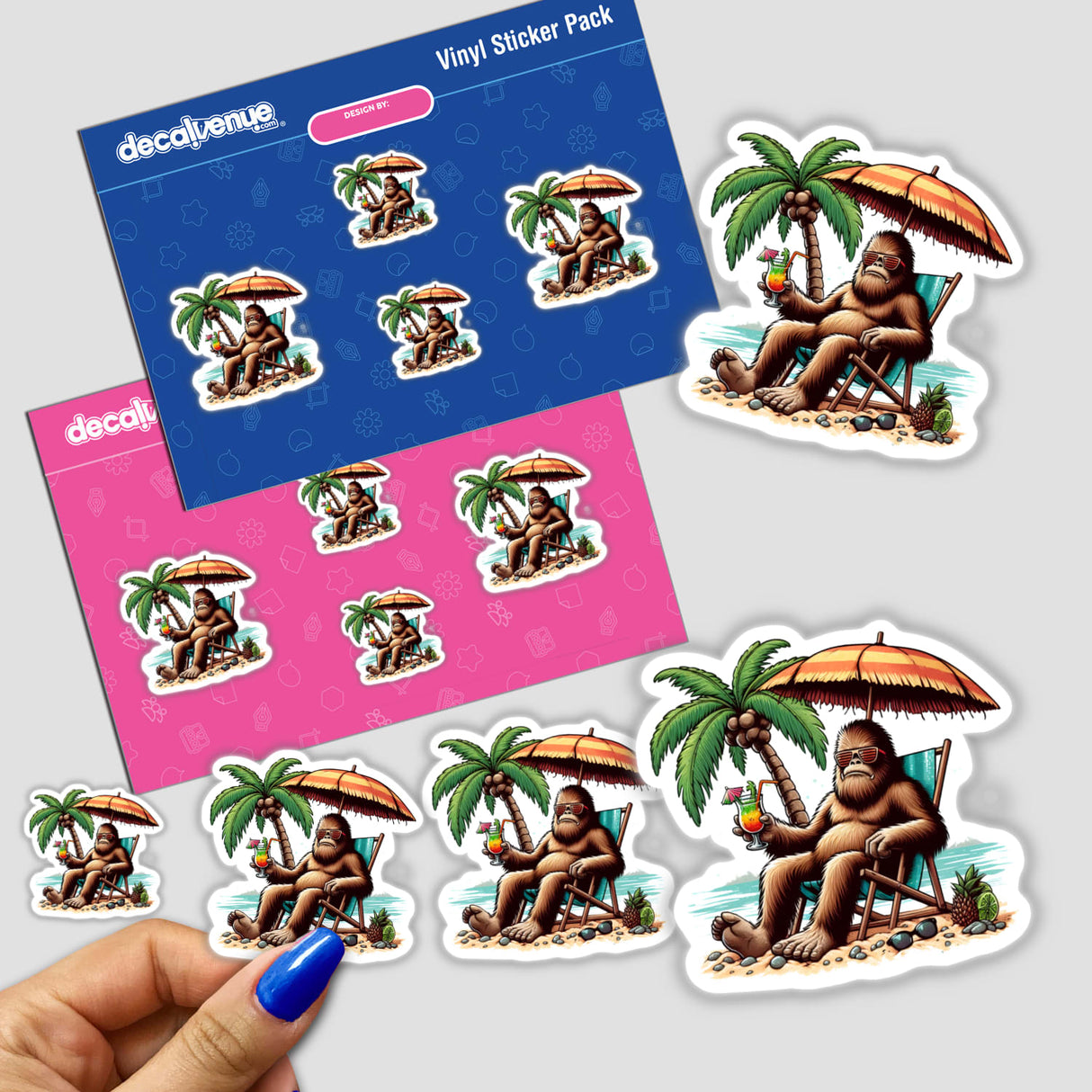 Sasquatch Chillin at Beach: A quirky cartoon of a relaxed Sasquatch sipping a tropical cocktail under a palm tree, ideal for stickers or digital art, embodying summer vibes and humor.