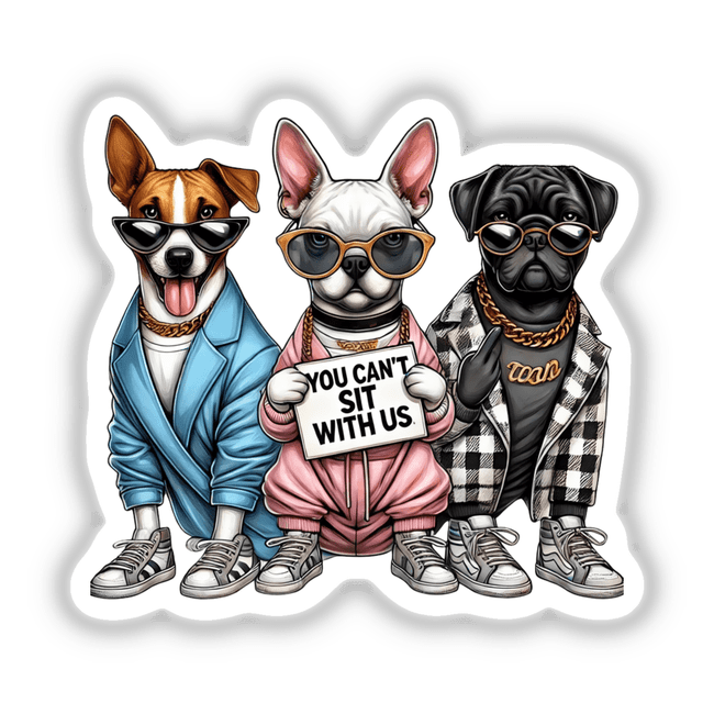 A group of trendy cartoon dogs wearing stylish outfits and sunglasses, part of the Trendy Pooches Dogs You Can’t Sit With Us collection, available as stickers or digital artwork.