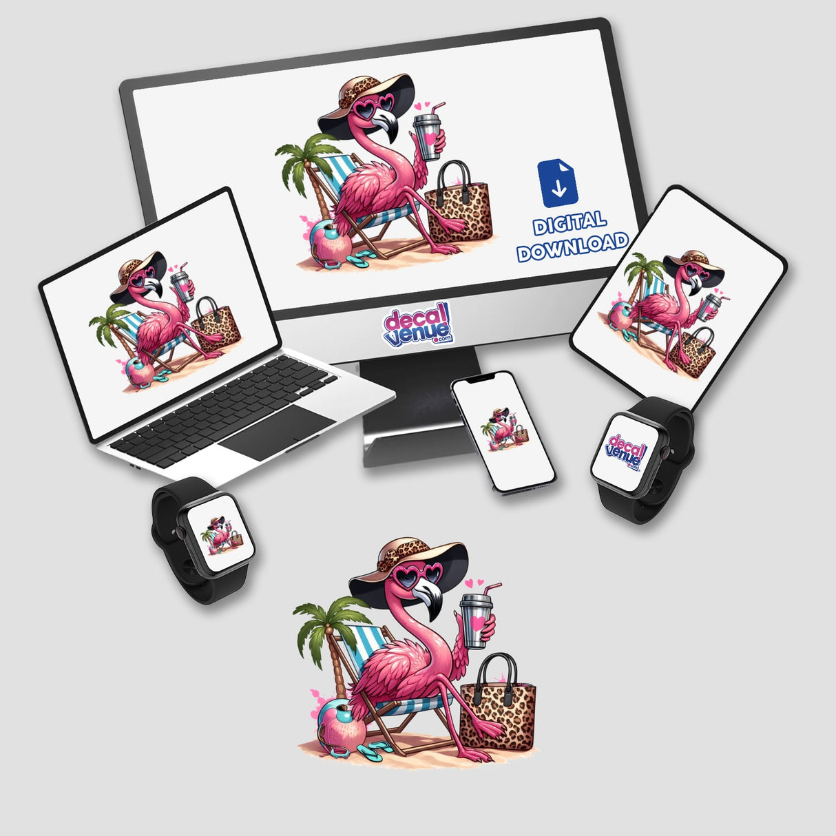 Sassy Leopard Accent Flamingo Bird at Beach depicted on a laptop, tablet, and smartwatch, showcasing playful digital artwork available as stickers or digital downloads.