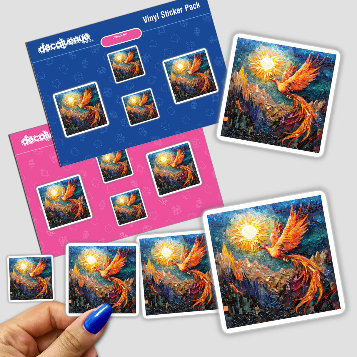 Phoenix Soaring Over Mountains Mosaic sticker, featuring a detailed hand holding the vibrant artwork of a bird flying above mountainous terrain. Available as stickers or digital artwork from Decal Venue.