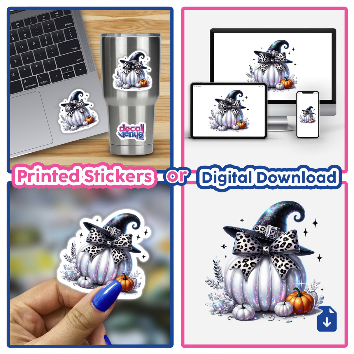 Collage showcasing the Leopard Coquette Bow Witch Hat Pumpkin sticker on a laptop, a close-up of the sticker, and a hand holding it, emphasizing the unique, whimsical design.