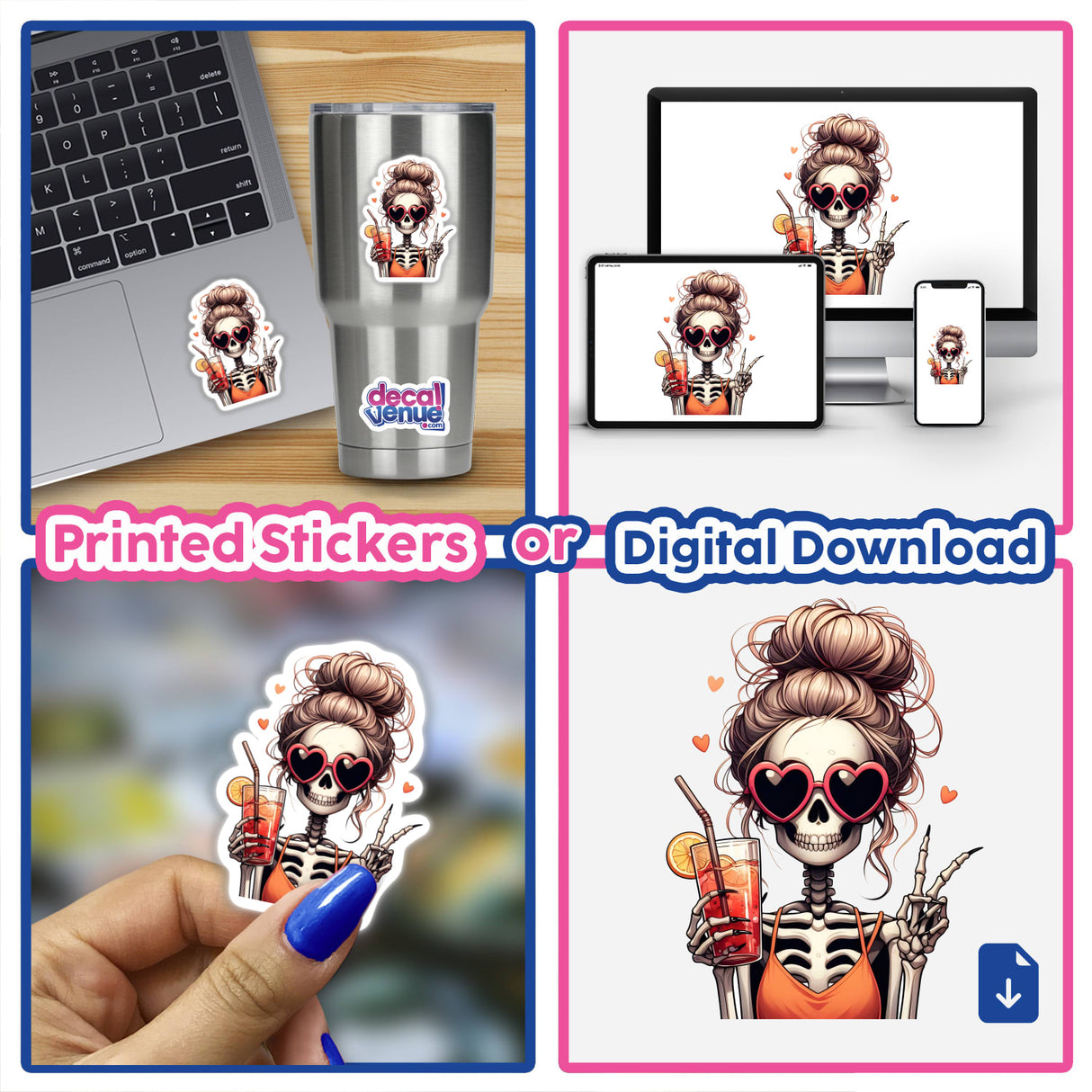 Spooky peace mama Halloween girl in orange - cute skeleton girl in fun, festive outfit available as printed stickers or digital download