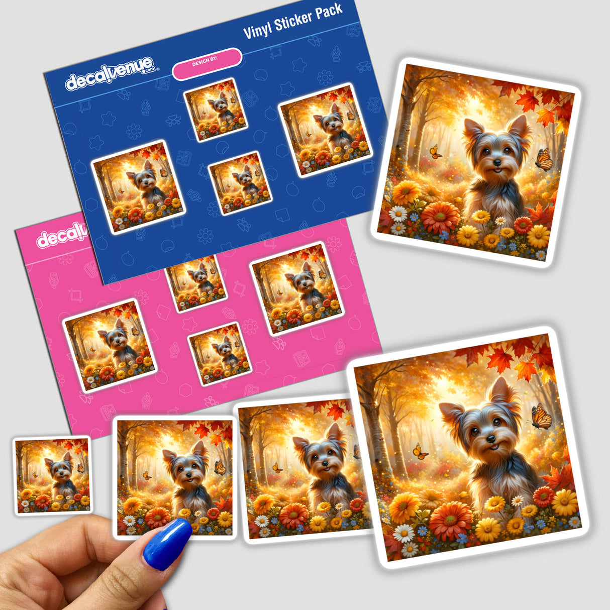 Yorkshire Terrier in a Cozy Autumn Park Watercolor Illustration featured on stickers with dog and flower motifs, available as stickers or digital artwork from Decal Venue.