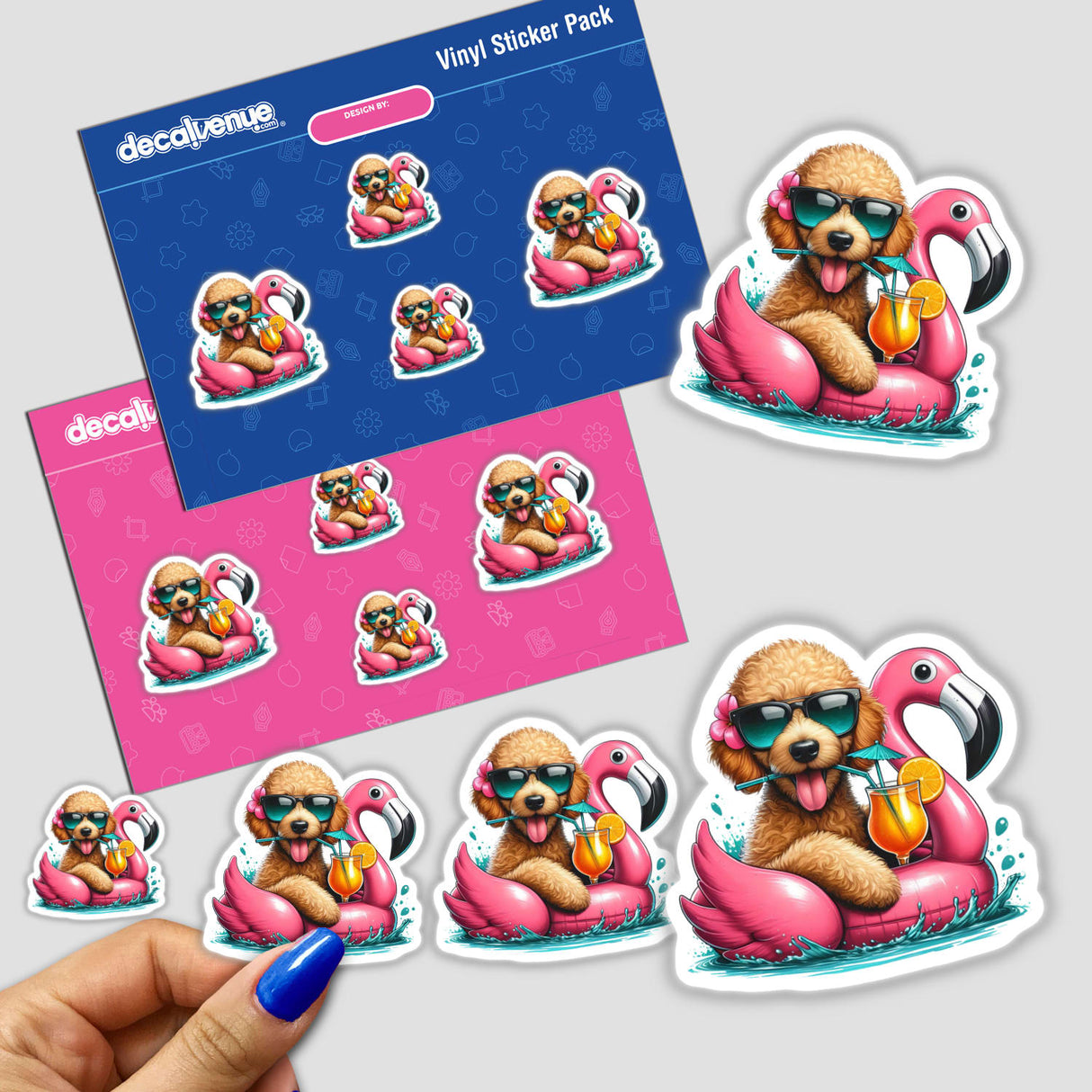 Goldendoodle on Flamingo Float sticker shows a cartoon dog with sunglasses and a straw, lounging on a pink flamingo float. Available as a sticker or digital artwork from Decal Venue.