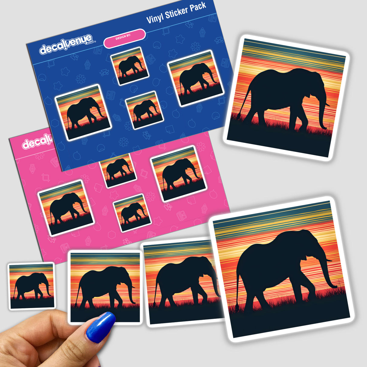 Elephant Silhouette with Vibrant Stripes: Stickers featuring an elephant silhouette with colorful, striped backgrounds, available as both physical stickers and digital artwork.