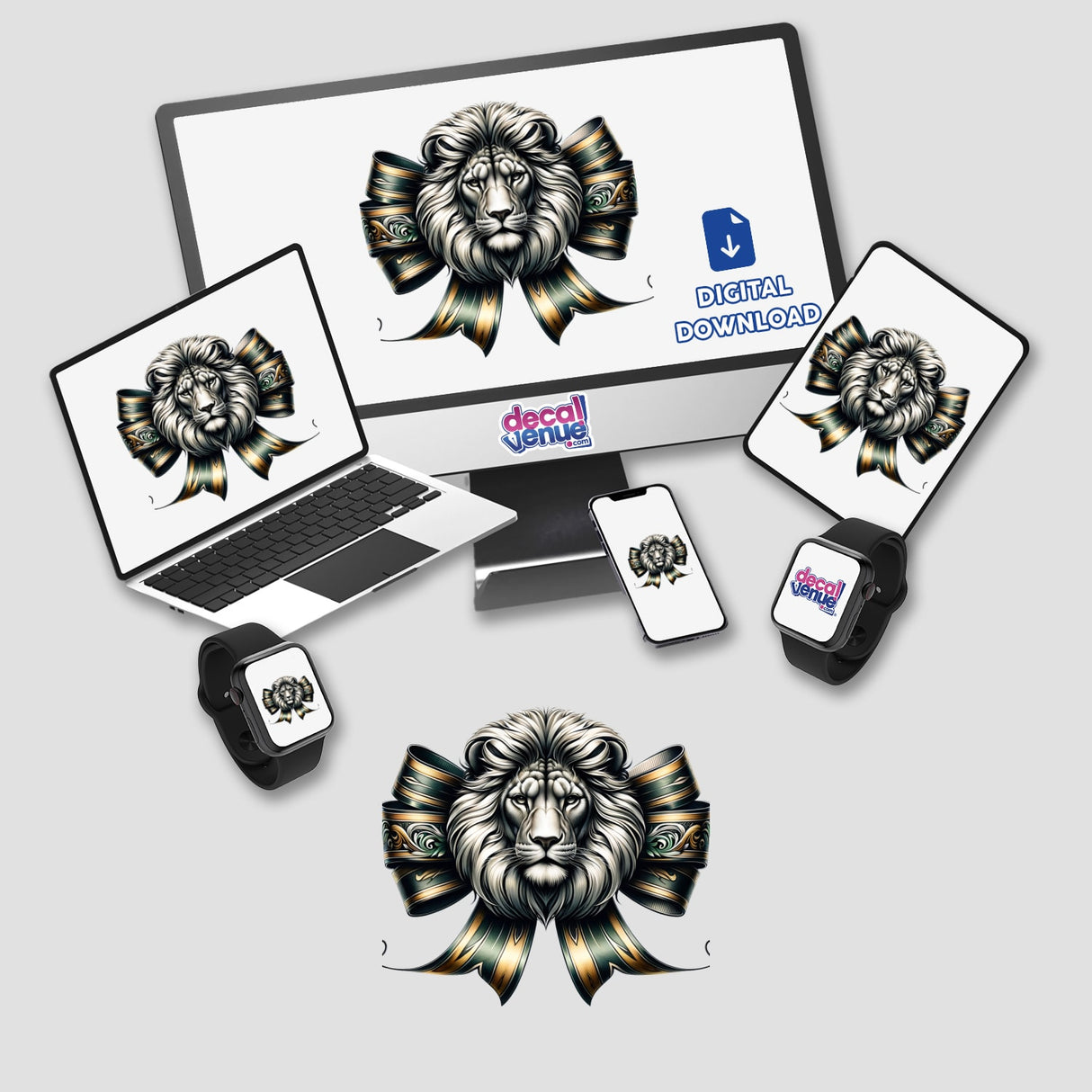 Lion Coquette Bow Green Gold artwork displayed on a computer, laptop, and phone, featuring a lion with a bow, available as stickers or digital artwork from Decal Venue.